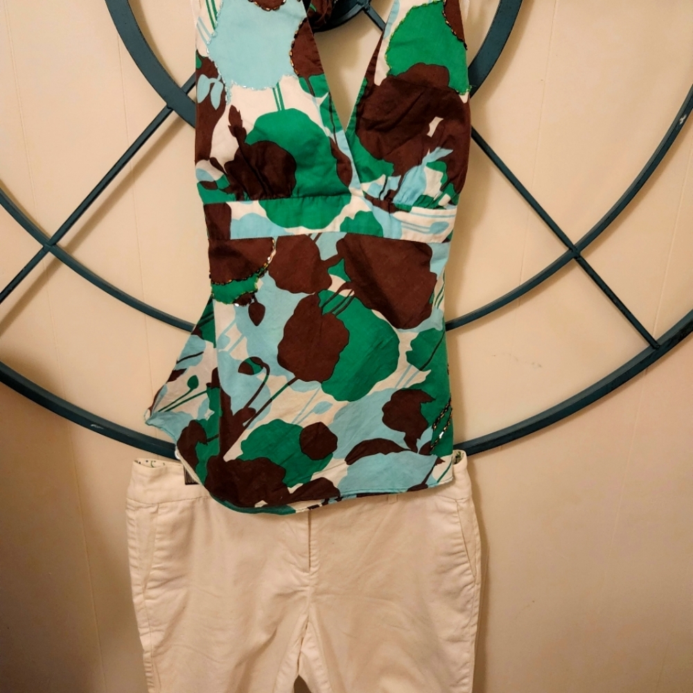 BCBG GREEN AND BROWN HALTER TOP
